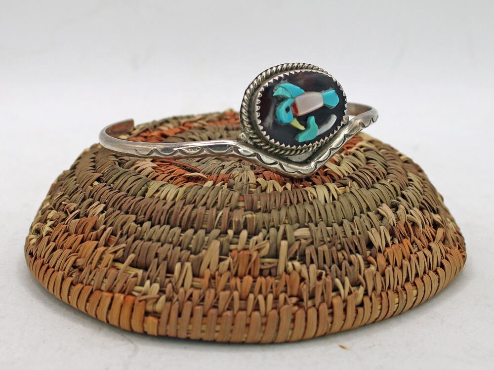 Bev Estate Zuni Sterling Silver Tortoise Shell Hummingbird Inlay Cuff Bracelet